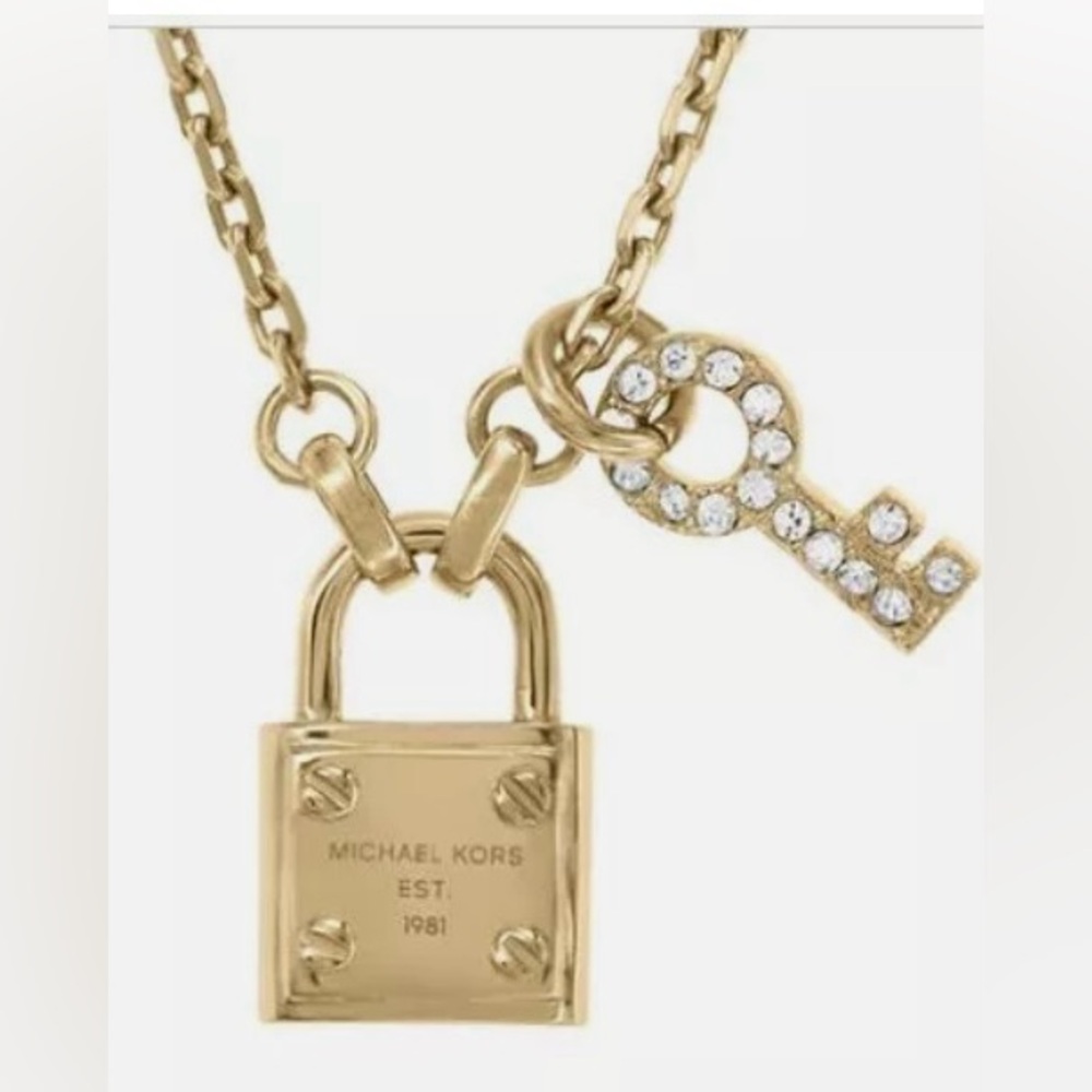 Michael Kors Gold Toned Pave Padlock Key Chain Necklace EUC